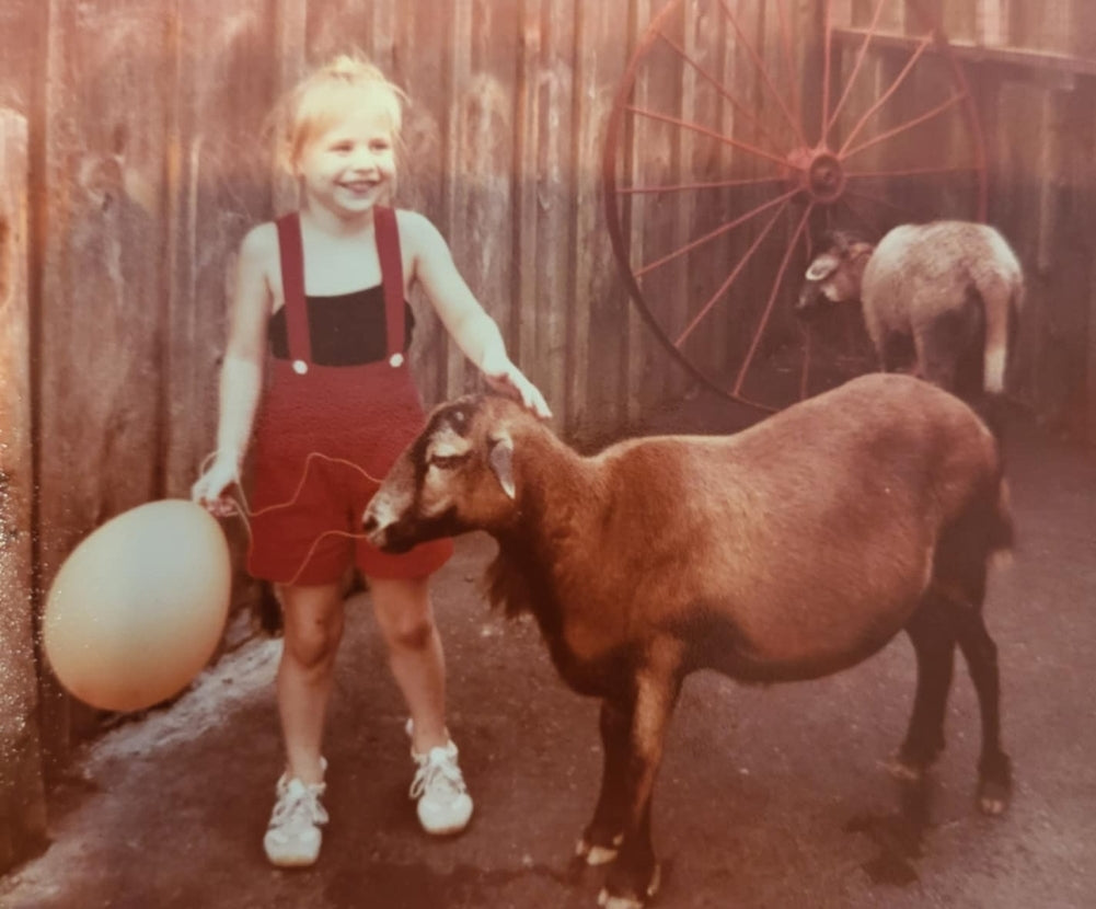 Old photo of happy young girl with a balloon petting a goat with a 2nd goat in the back ground