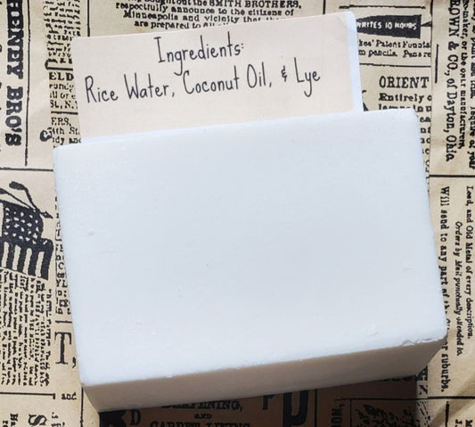 Paper wrapped cold process soap made with rice water and coconut oil 