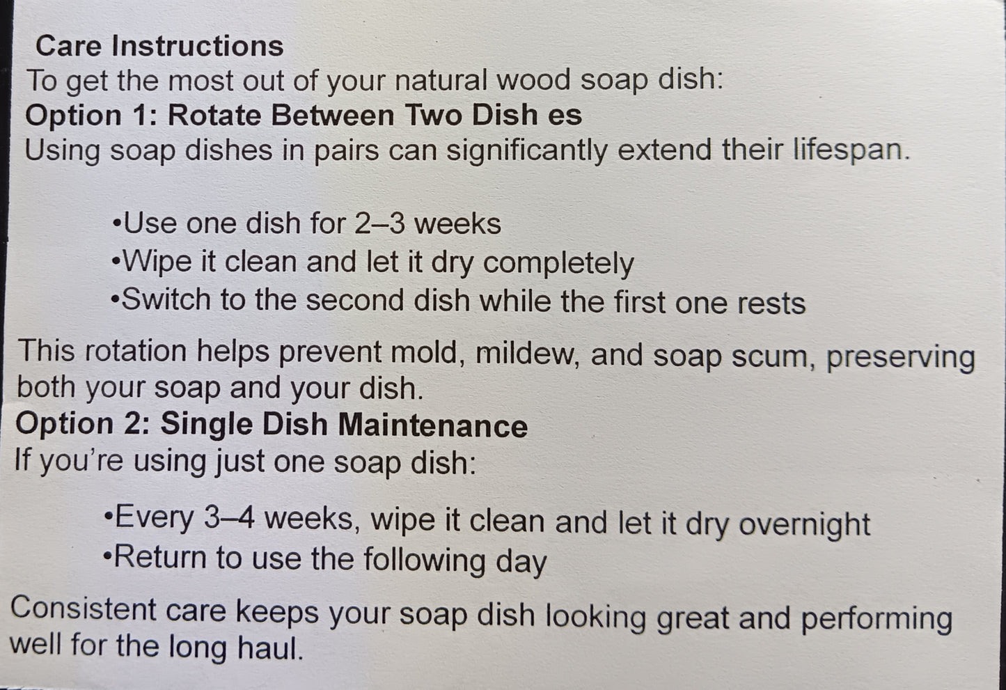 Care instructions for a natural wood soap dish on a white background